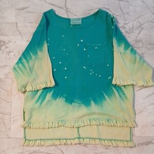 J JordanOversized Teal and Lime Green Tie-Dye Fringe Long Sleeve Top